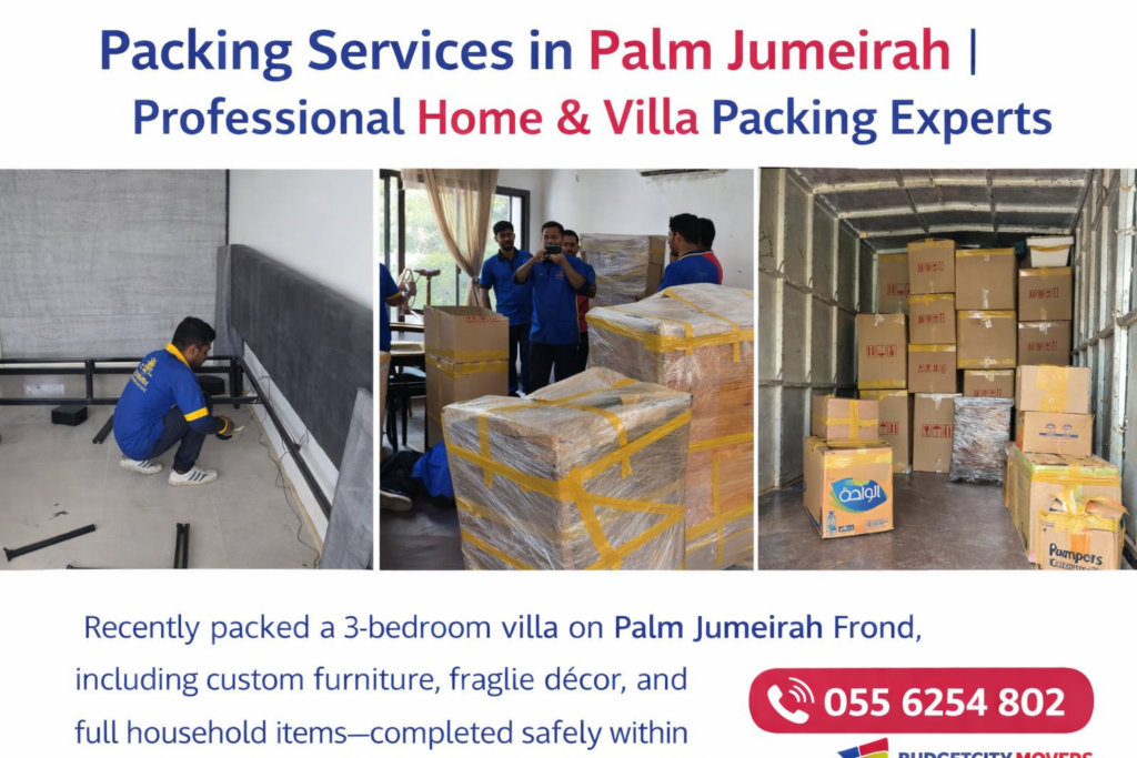 Expert home packing services in Palm Jumeirah with shrink-wrapped furniture and fragile item protection
