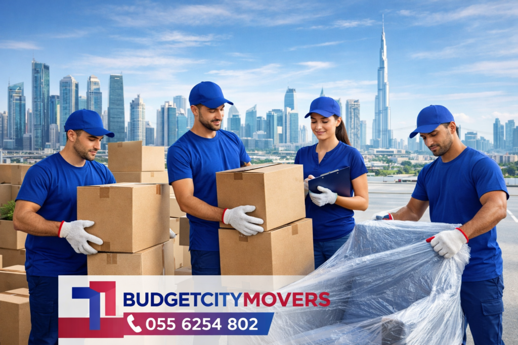 Movers and Packers in Business Bay Dubai – Complete Guide showing professional moving team packing boxes and furniture safely