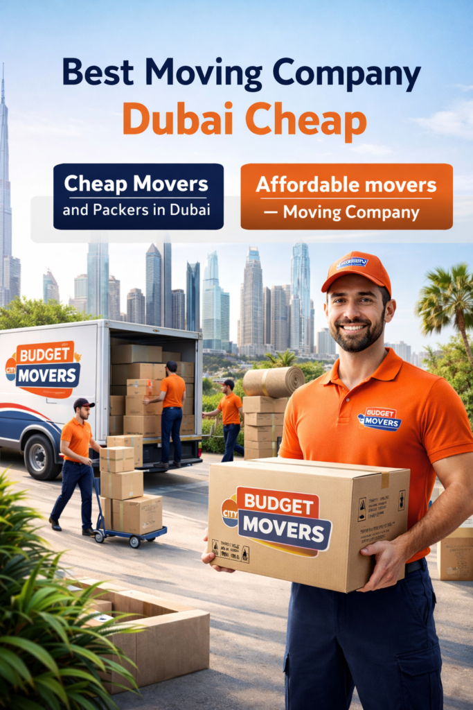 Budget City Movers team loading boxes into a moving truck in Dubai, with a smiling mover holding a box in the foreground and the Dubai skyline in the background, highlighting affordable and professional moving services