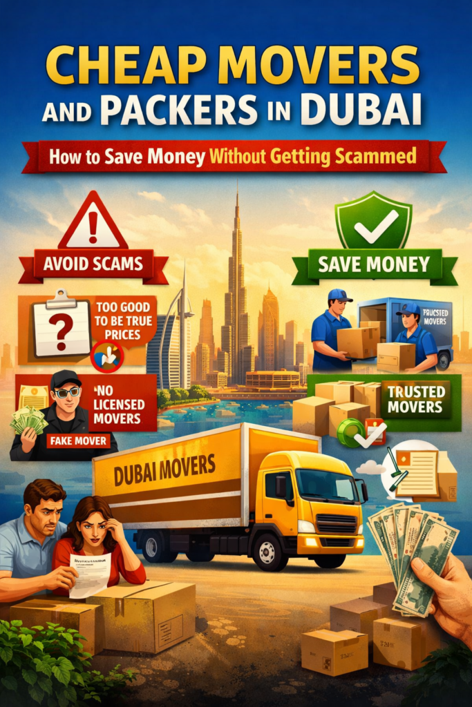 Infographic showing cheap movers and packers in Dubai with tips to avoid moving scams, warning signs like fake movers and unlicensed companies, and cost-saving advice with trusted relocation services against the Dubai skyline.