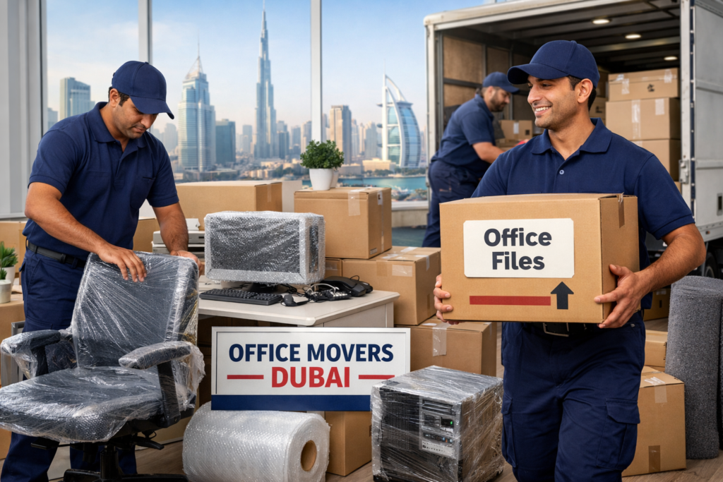 Cheap office movers in Dubai packing IT equipment and office files with Dubai skyline in background