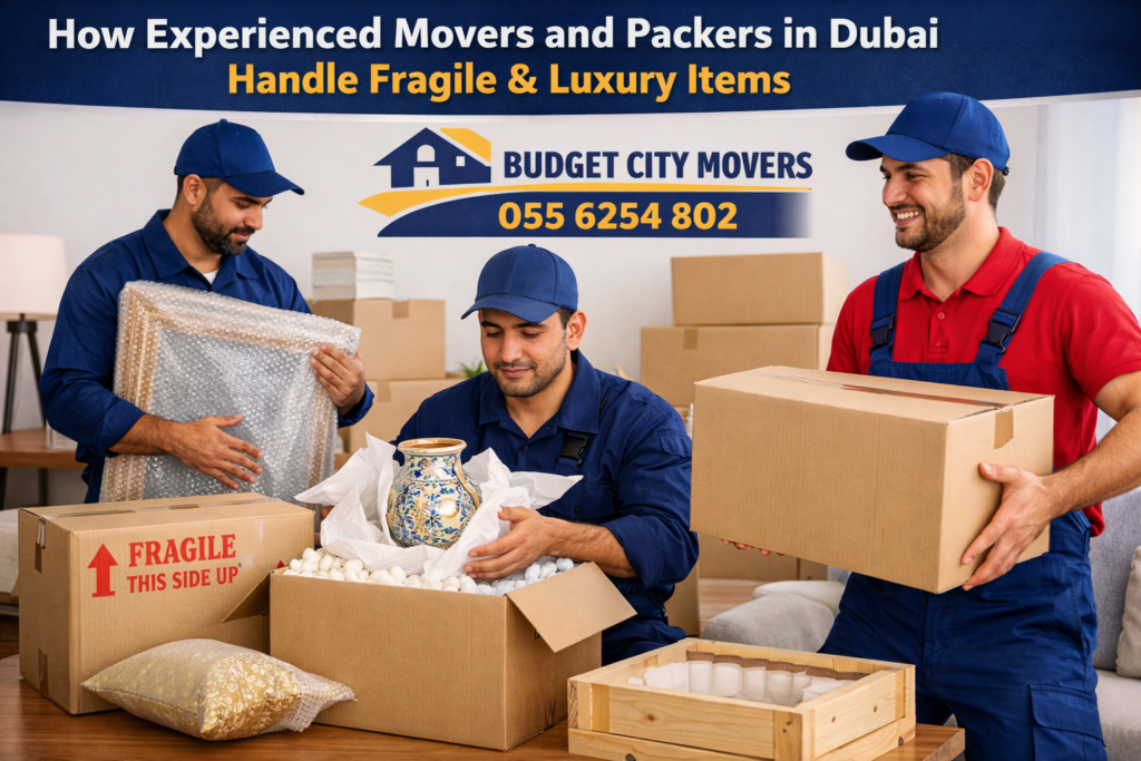 Experienced Movers and Packers in Dubai carefully packing fragile and luxury items during home shifting by Budget City Movers