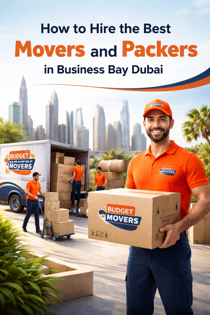 Professional movers from Budget City Movers handling boxes and furniture in Business Bay Dubai with a modern moving truck and Dubai skyline in the background, illustrating safe and reliable relocation services