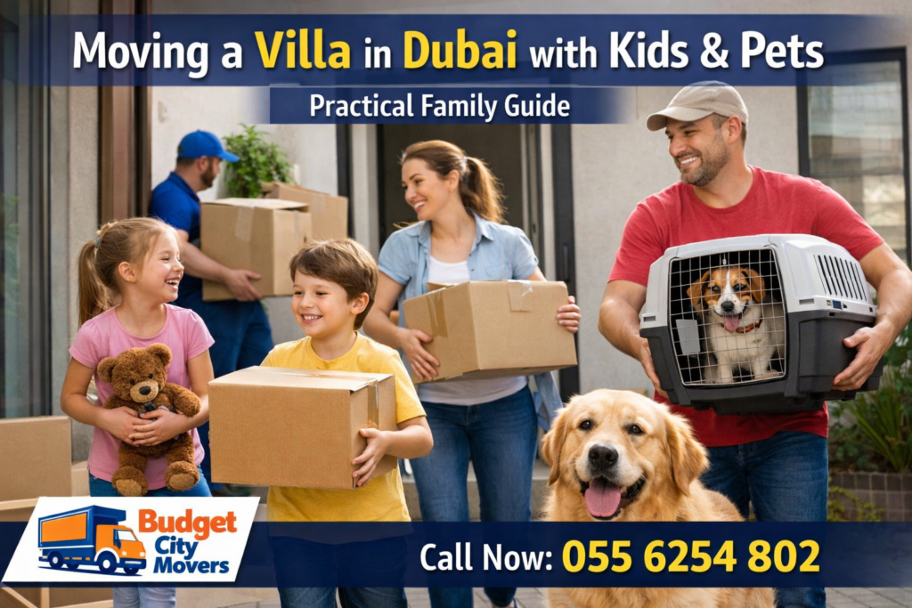 Parents and children relocating to a new villa in Dubai with pets using professional villa moving services