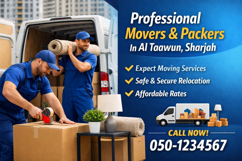 Professional movers in blue uniforms from Al Taawun, Sharjah carefully packing and loading boxes and a rolled carpet into a moving van, showcasing safe, affordable, and reliable home and office relocation services.