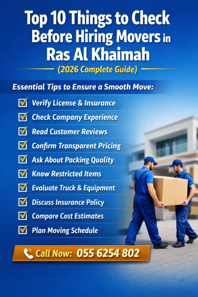 Top 10 Things to Check Before Hiring Movers in Ras Al Khaimah – two professional movers carrying a box in front of a modern villa, checklist of moving tips, call now 055 6254 802