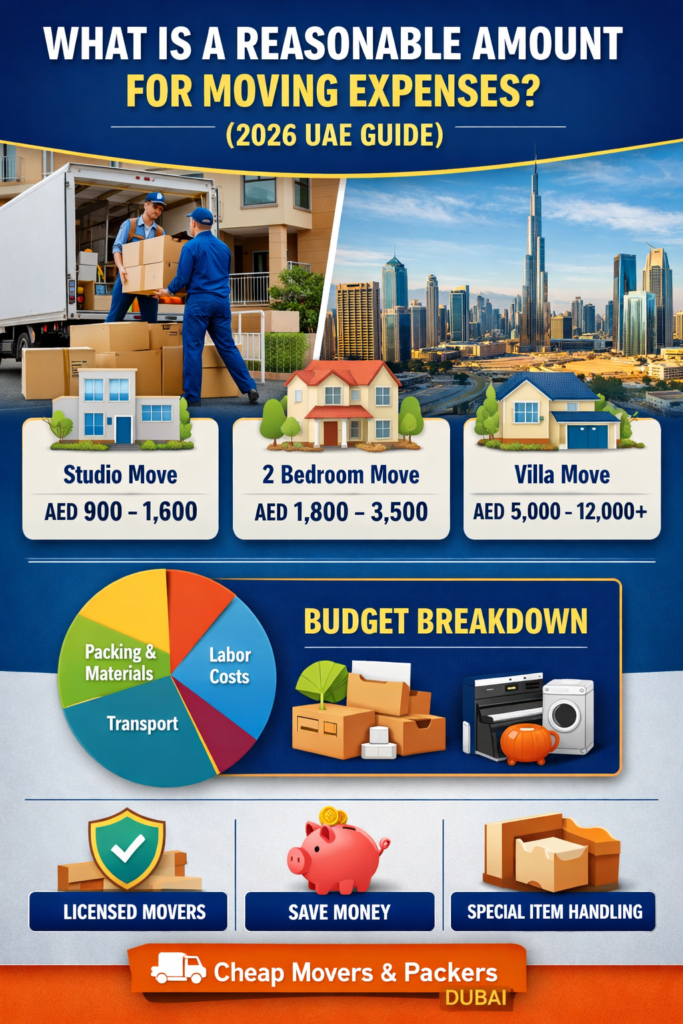 Professional movers in Dubai handling furniture and boxes with cost guide for 2-bedroom apartments and villas in UAE 2026.