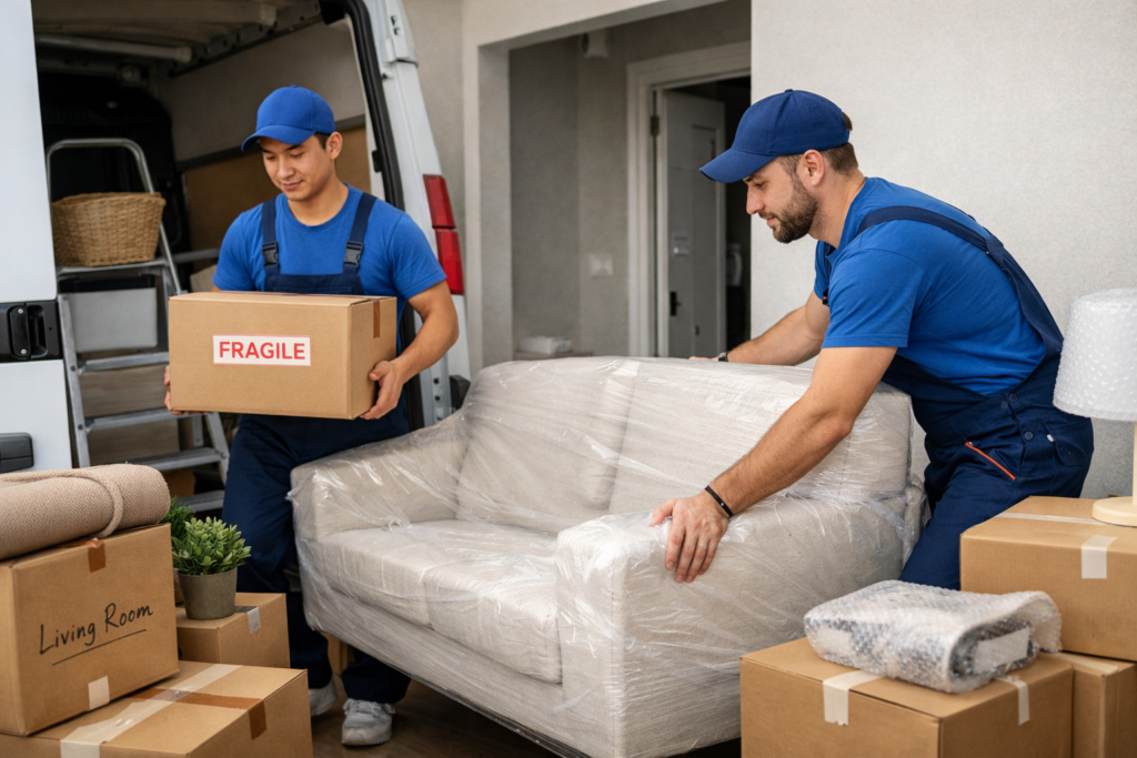 Professional cheap movers and packers in Dubai carrying fragile box and wrapped sofa during small apartment relocation