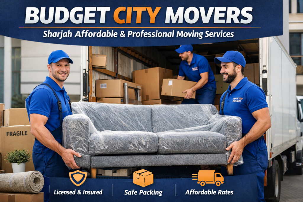 Budget City Movers team in Sharjah loading a wrapped sofa into a moving truck, highlighting licensed, insured, safe packing and affordable relocation services.