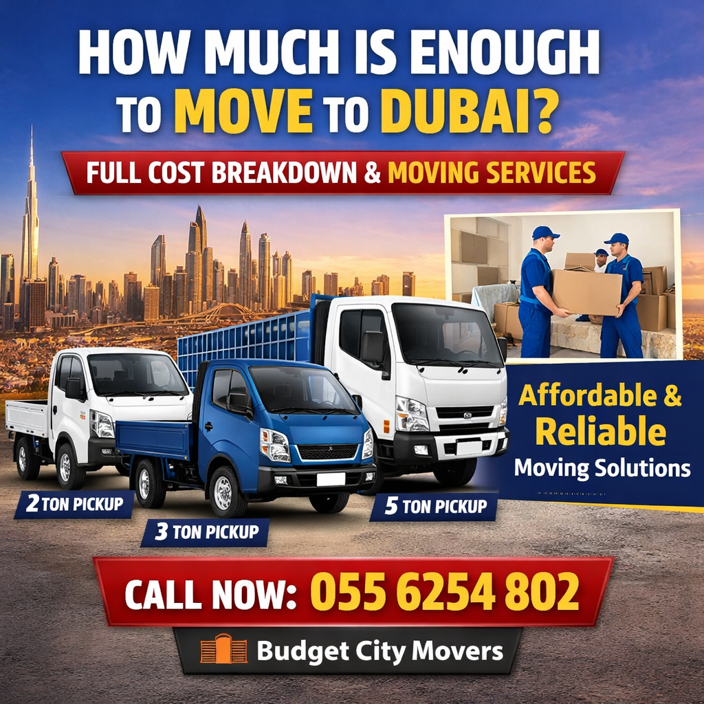 Budget City Movers Dubai pickup truck rental ad featuring 2 ton, 3 ton and 5 ton trucks with call now 055 6254 802 for affordable moving services in Dubai