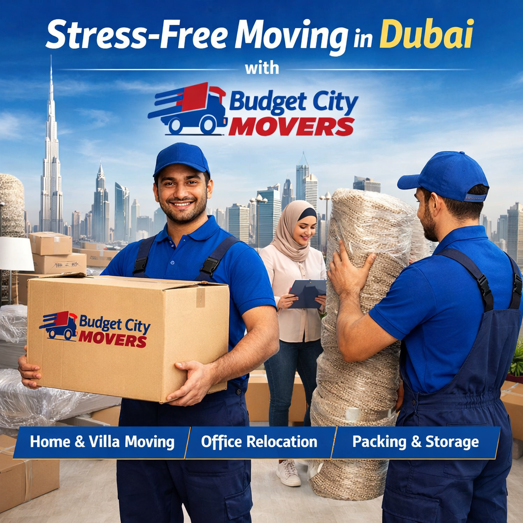 Budget City Movers professional team handling boxes and furniture in Dubai. Two movers in blue uniforms carry items while a woman checks a clipboard. Services include home and villa moving, office relocation, packing, and storage. Stress-free moving in Dubai."