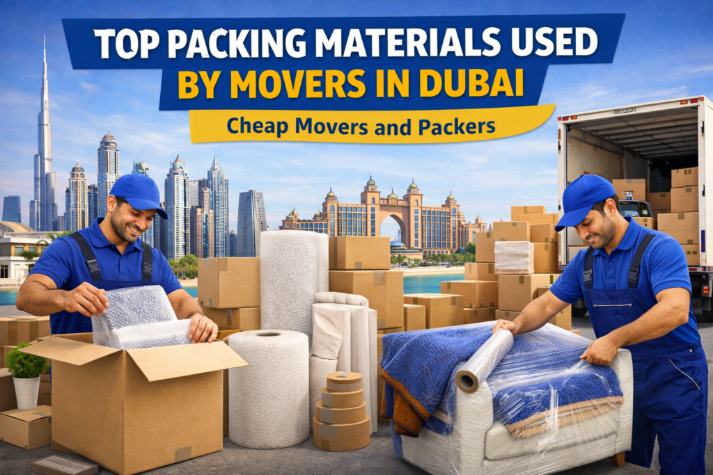 Two professional movers in Dubai packing furniture and boxes for home relocation using bubble wrap, furniture blankets, and stretch film, with a moving truck and Dubai skyline in the background.