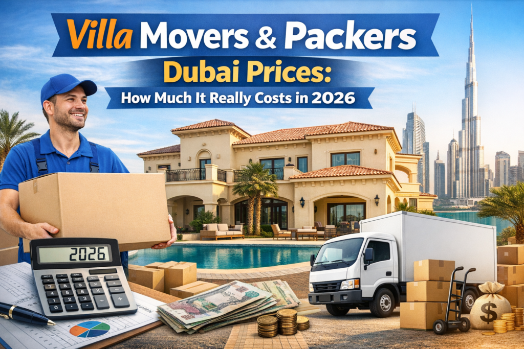 Villa Movers & Packers Dubai Prices 2026 with moving truck, packing boxes, calculator and luxury villa showing cost of villa moving services in Dubai.
