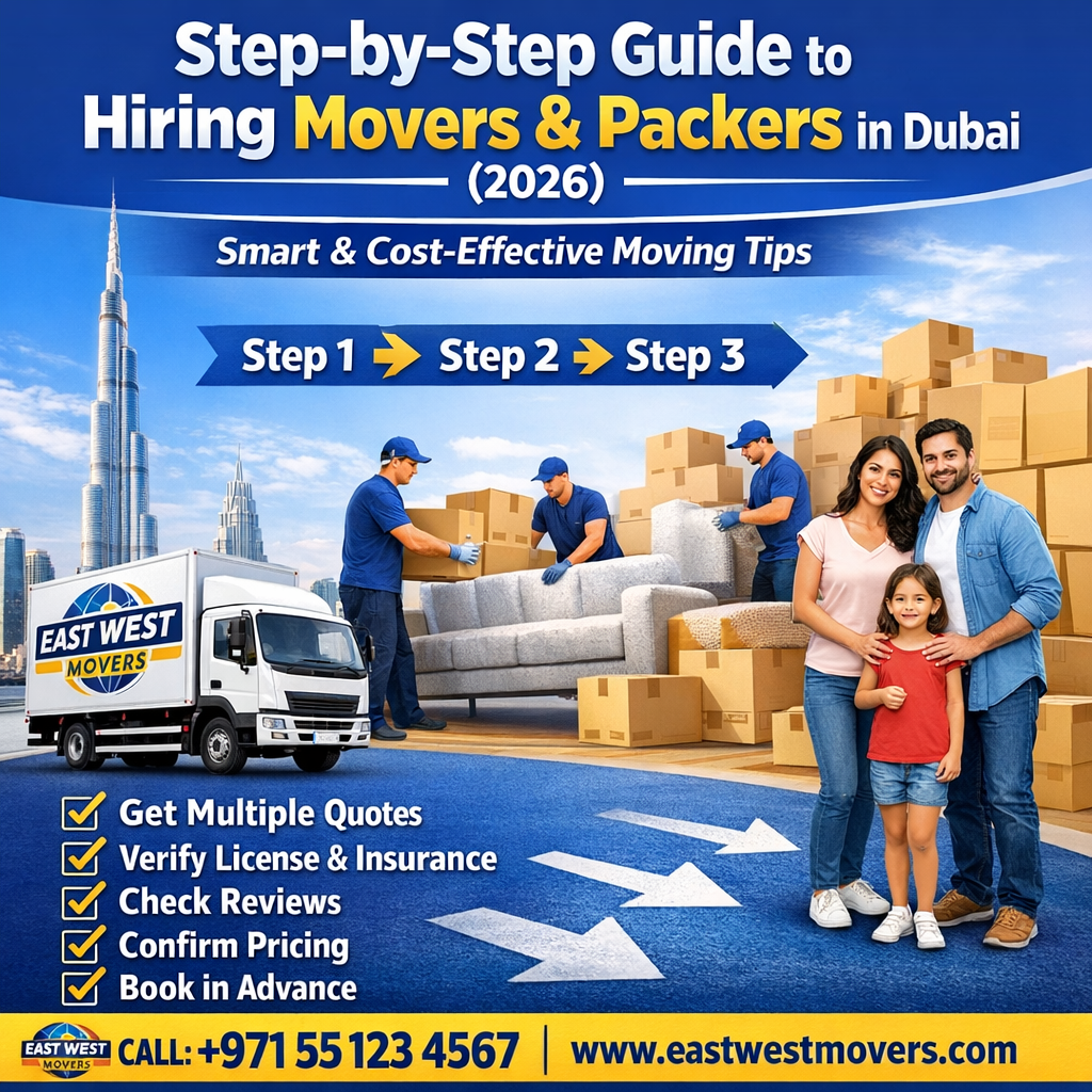 Step-by-step guide to hiring movers and packers in Dubai 2026 showing professional movers loading furniture, moving truck with Dubai skyline, and checklist for cost-effective home shifting tips including quotes, insurance, and booking in advance.