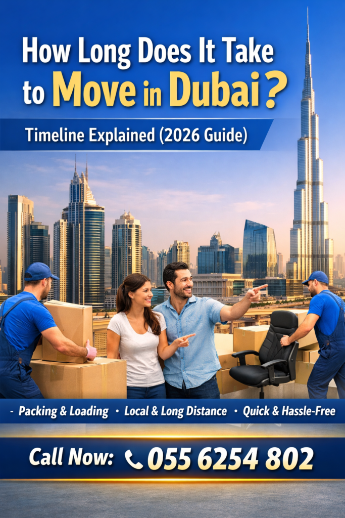 Promotional graphic for movers in Dubai showing Burj Khalifa skyline, professional movers packing and loading furniture, and bold text “How Long Does It Take to Move in Dubai? Timeline Explained (2026 Guide)” with call now number 055 6254 802.