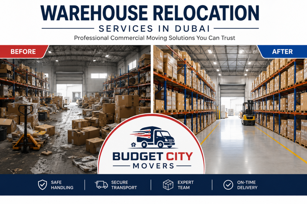 Warehouse relocation before and after transformation by Budget City Movers showing disorganized warehouse space changed into a clean, organized, and professionally managed storage facility in Dubai.
