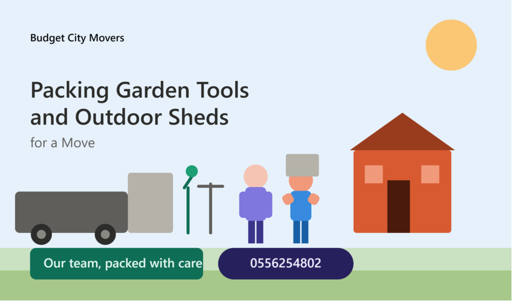 Budget City Movers team packing garden tools and dismantling an outdoor storage shed for a home move in Dubai, with contact number 0556254802.